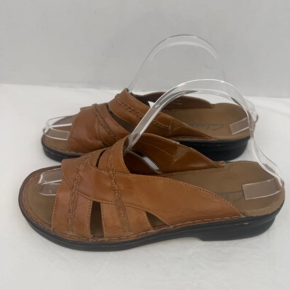 Clarks Womens Tan Brown Leather Braided Slide Sandals Size 7M Made in Brazil - Picture 8 of 13